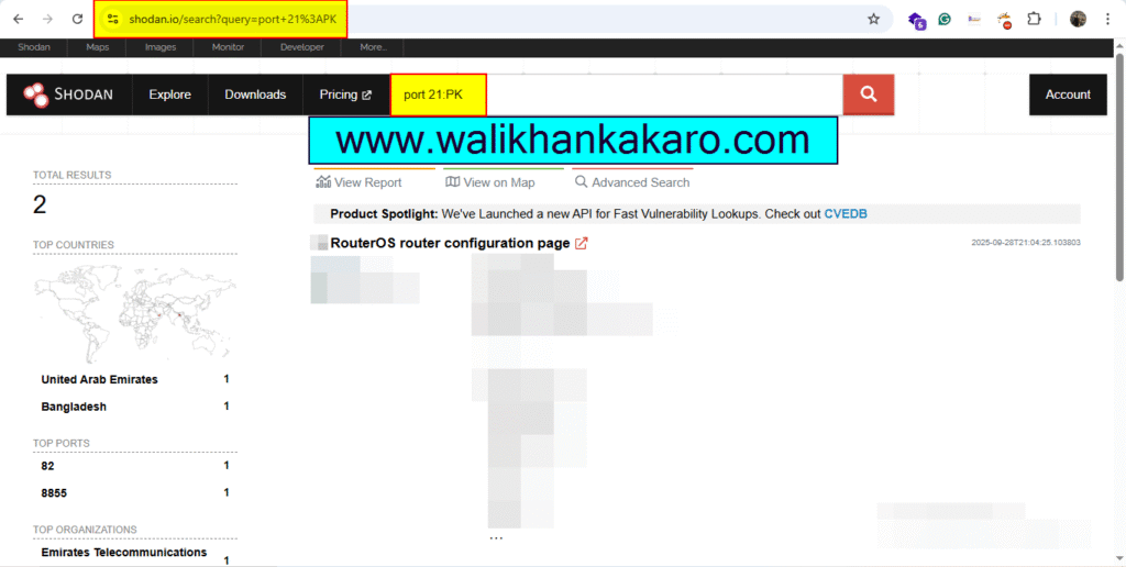 Vulnerable ports in Shodan example 1