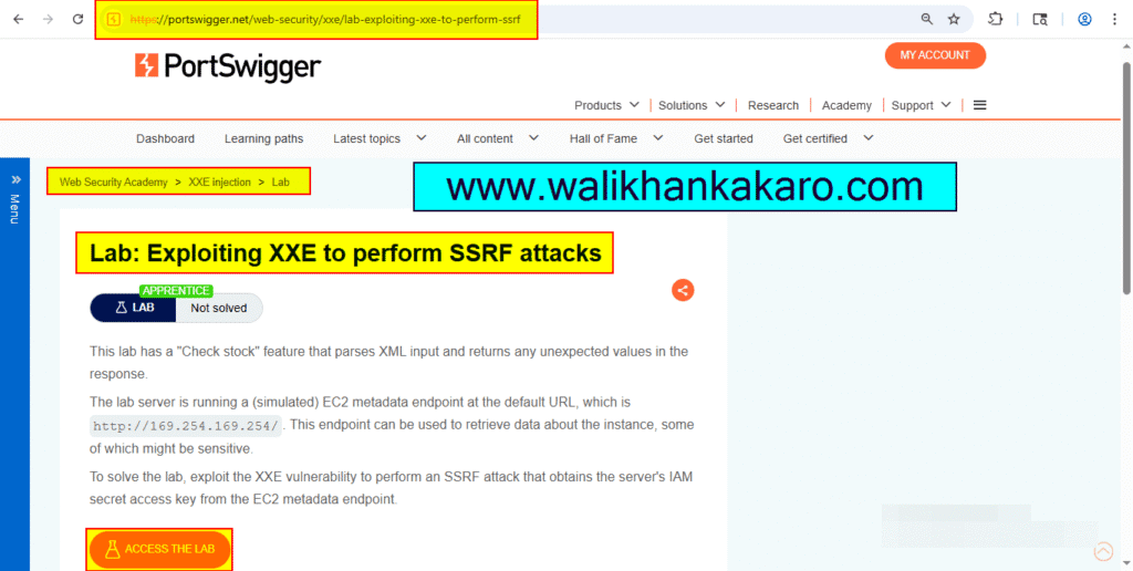 PortSwigger Labs 67 Lab Exploiting XXE to perform SSRF attacks 1