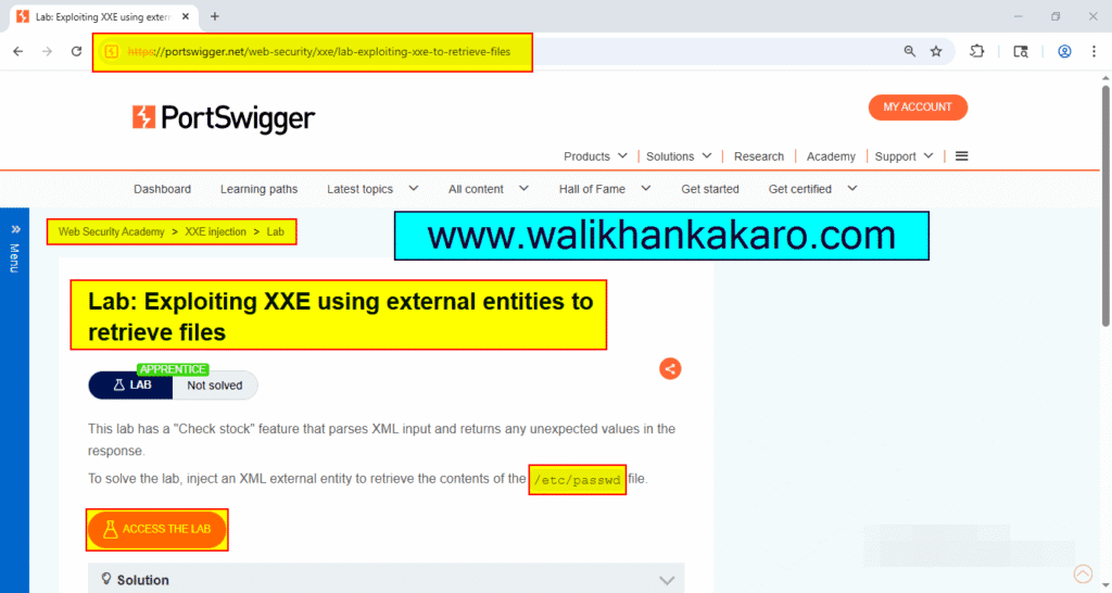 Lab Exploiting XXE using external entities to retrieve files 1