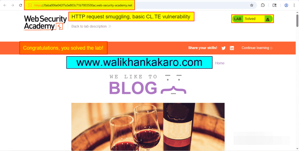 PortSwigger Labs 94 HTTP request smuggling, basic CL.TE vulnerability 5