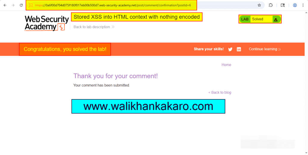 PortSwigger Labs 47 Lab Stored XSS into HTML context with nothing encoded 4
