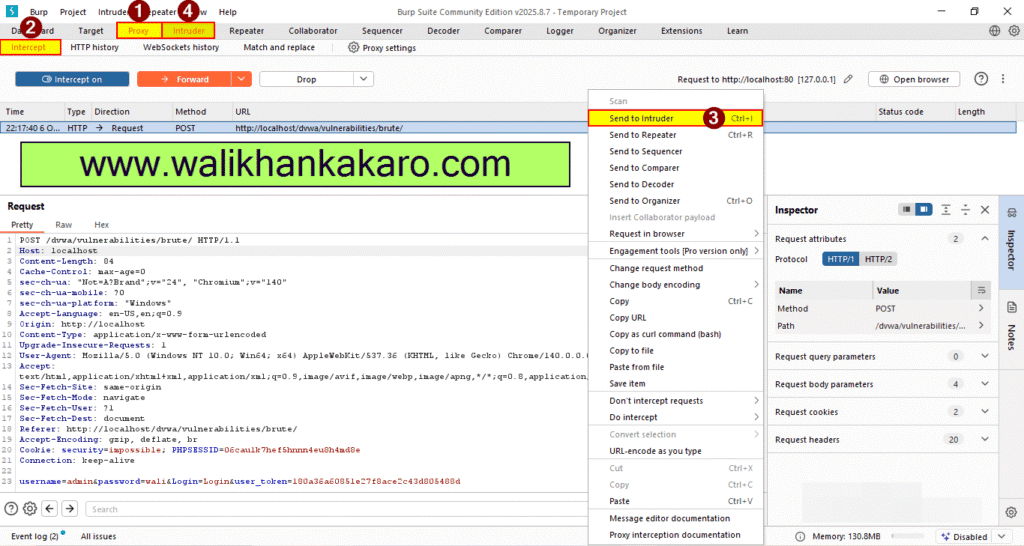 DVWA brute force attack 4