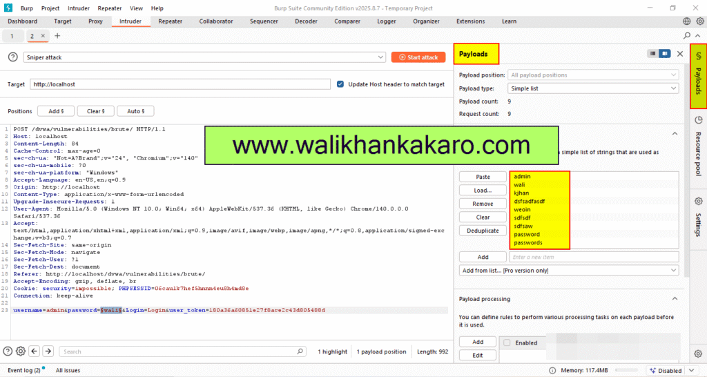 DVWA brute force attack 6