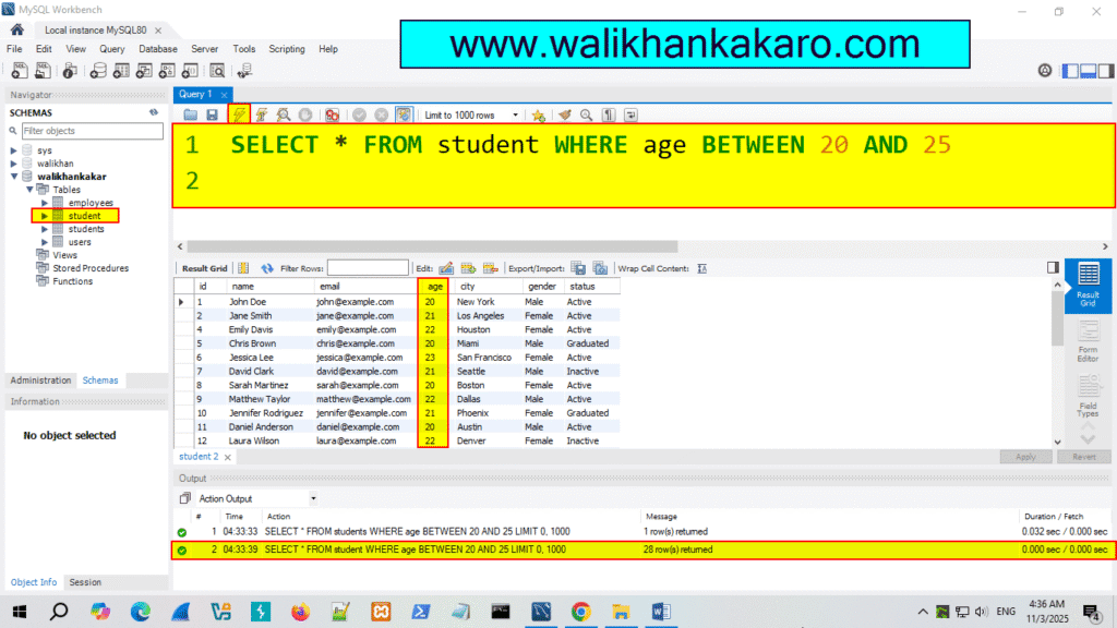 mysql between and not between 1